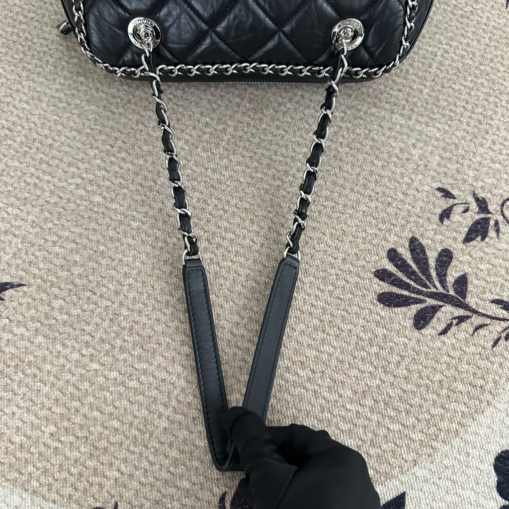 【Chanel】Chanel Black Caviar Bowling Bag with Contrast Piping, Silver-Tone Hardware-7216427