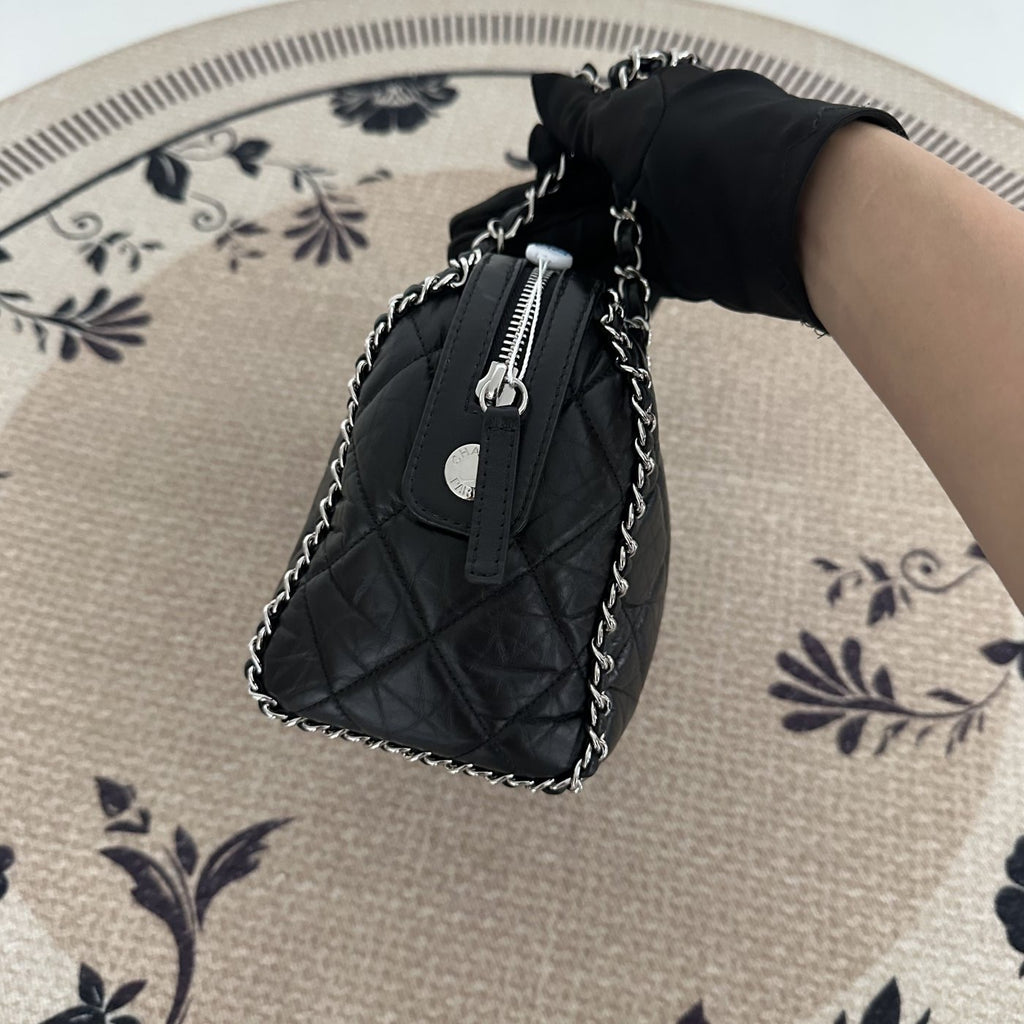 【Chanel】Chanel Black Caviar Bowling Bag with Contrast Piping, Silver-Tone Hardware-7216427