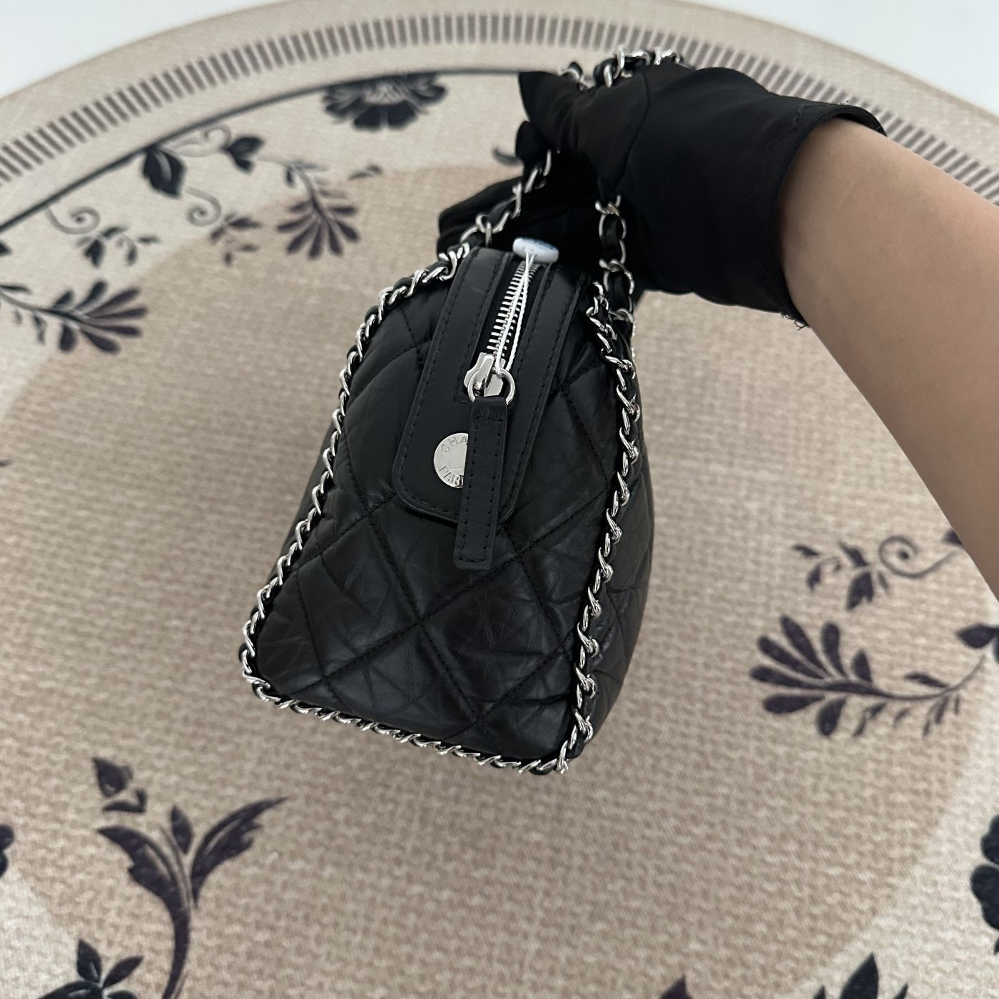 【Chanel】Chanel Black Caviar Bowling Bag with Contrast Piping, Silver-Tone Hardware-7216427