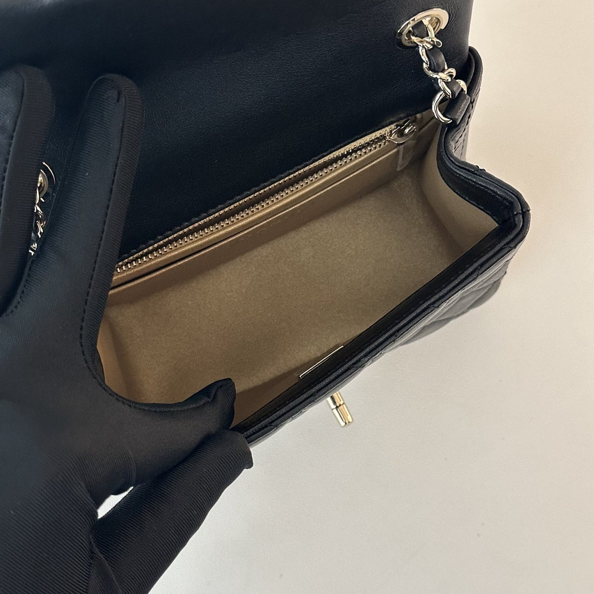 【Chanel】Chanel Black Mini Square Flap Bag with Pearl Crush Gold Ball, Gold-Tone Hardware-7215934