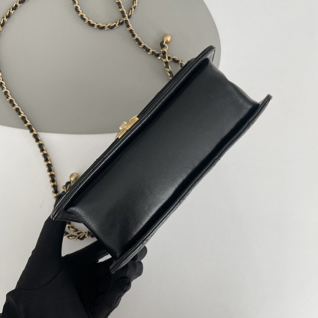 【Chanel】Chanel Double Gold Ball Square Flap Bag Black Lambskin with Gold-Tone Hardware