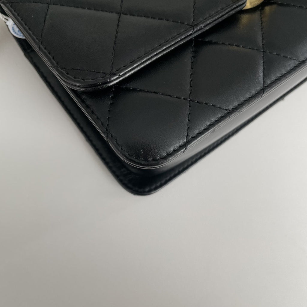 【Chanel】Chanel Double Gold Ball Square Flap Bag Black Lambskin with Gold-Tone Hardware