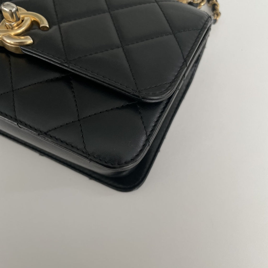 【Chanel】Chanel Double Gold Ball Square Flap Bag Black Lambskin with Gold-Tone Hardware
