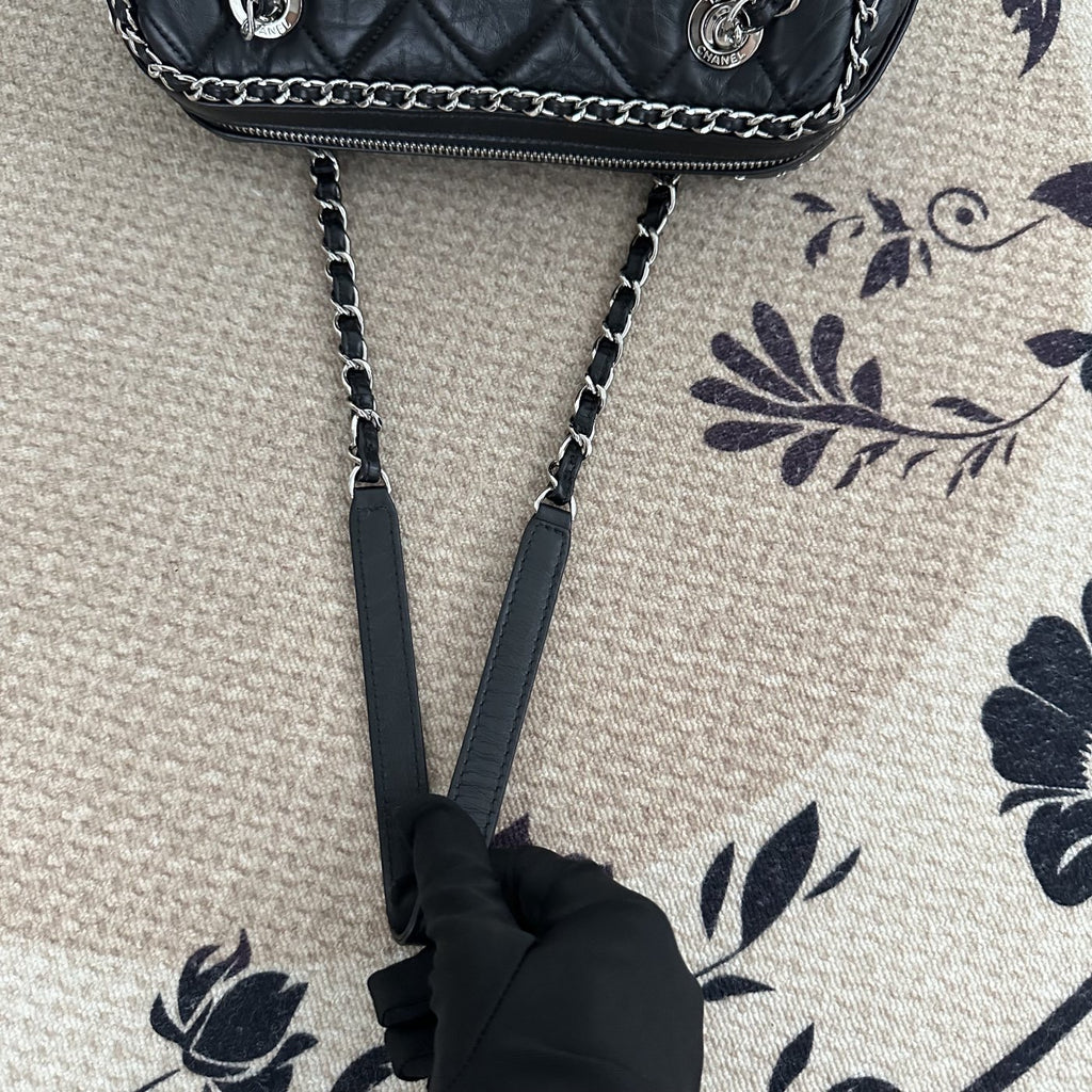 【Chanel】Chanel Black Caviar Bowling Bag with Contrast Piping, Silver-Tone Hardware-7216427