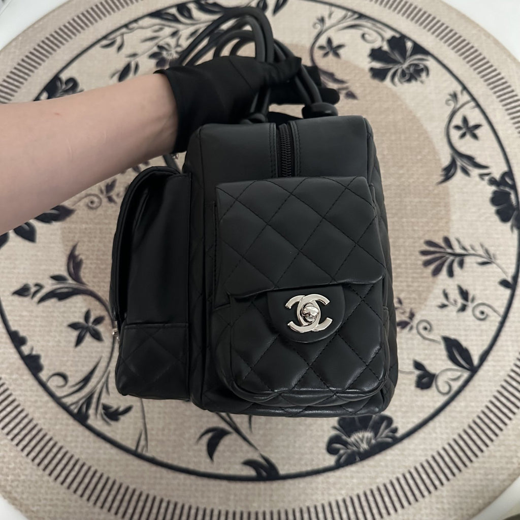 【Chanel】Chanel Black Cambon Line Moto Bowling Bag, Black Lambskin, Silver-Tone Hardware-7216084A